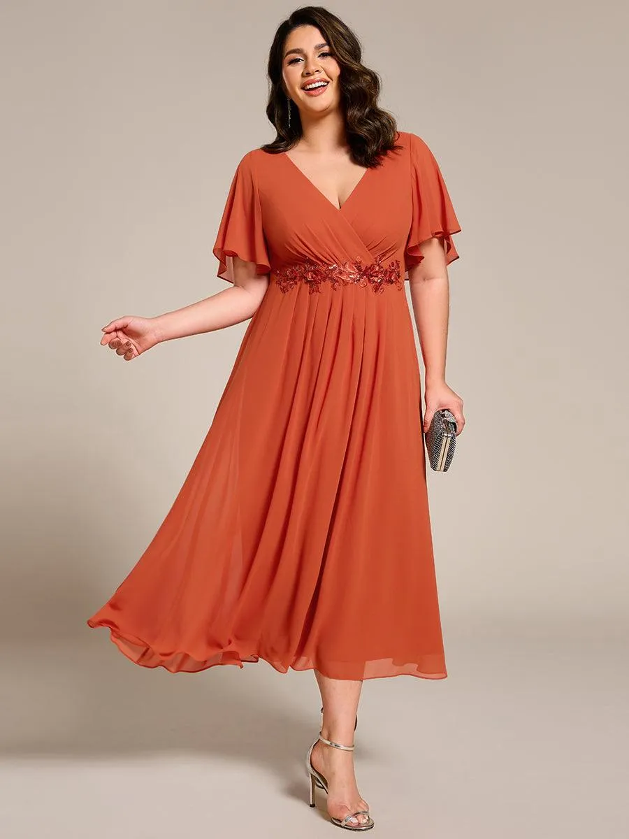 Robe d'invité de mariage mi-longue en mousseline de soie à col en V de grande taille avec applique à la taille