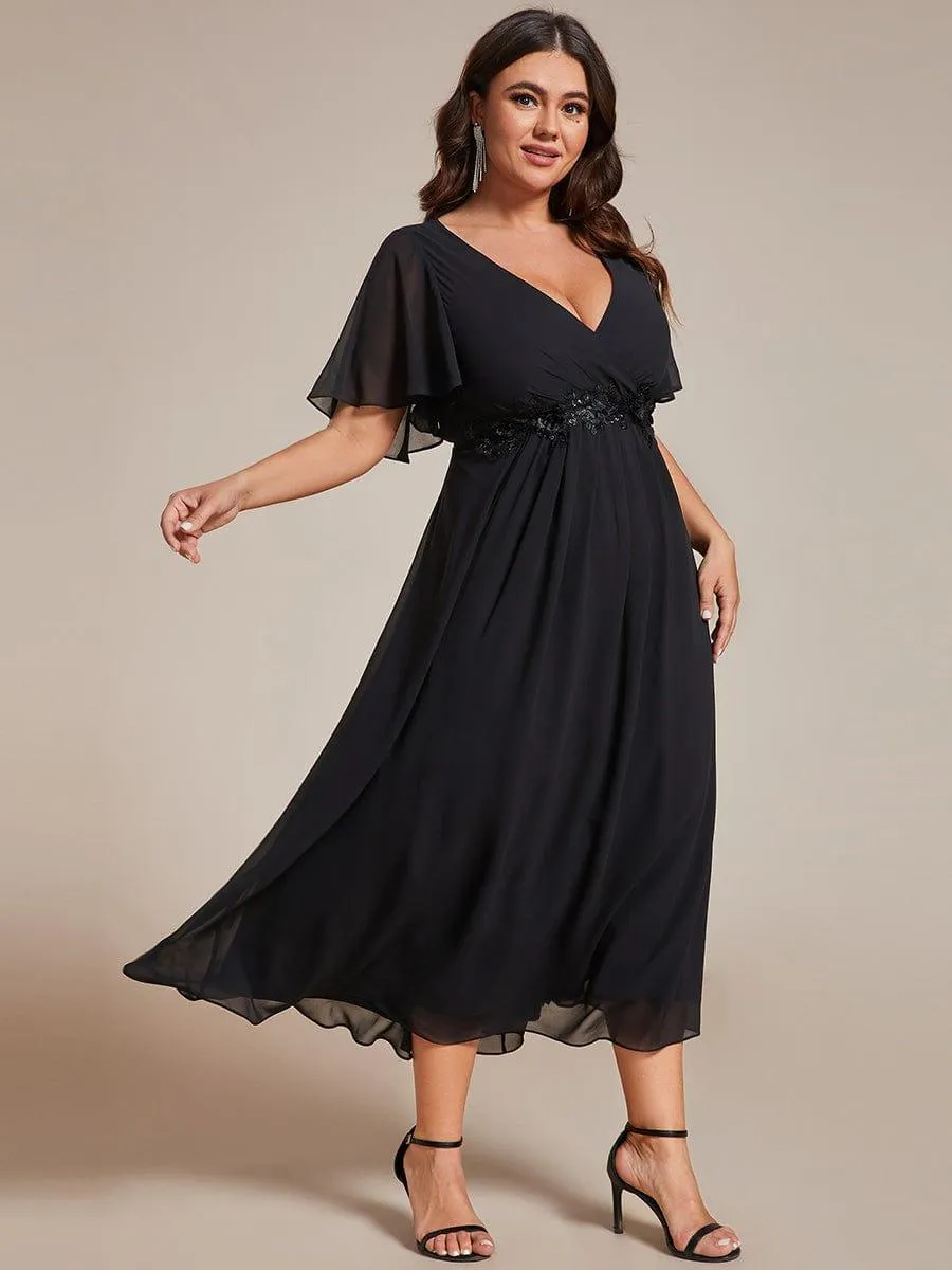 Robe d'invité de mariage mi-longue en mousseline de soie à col en V de grande taille avec applique à la taille