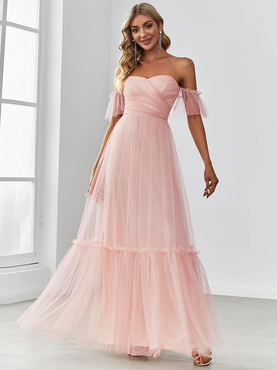 Robe Mariage Invitée en tulle plissée à épaules dénudées