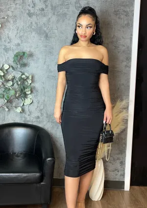 Ruched Off-The-Shoulder Midi Dress (Black)