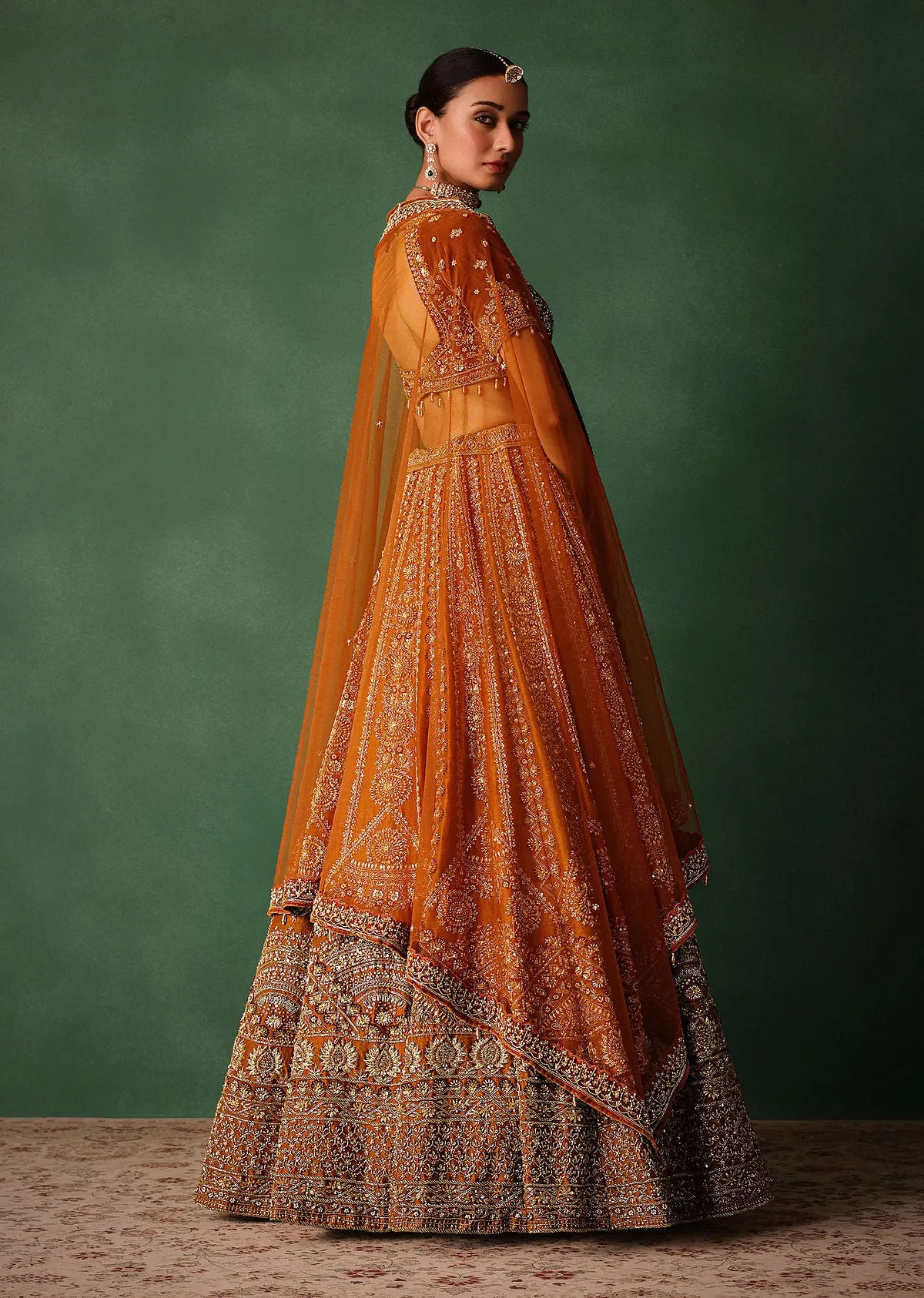 Rust Embroidered Bridal Lehenga With Deep Neckline Blouse And Dupatta