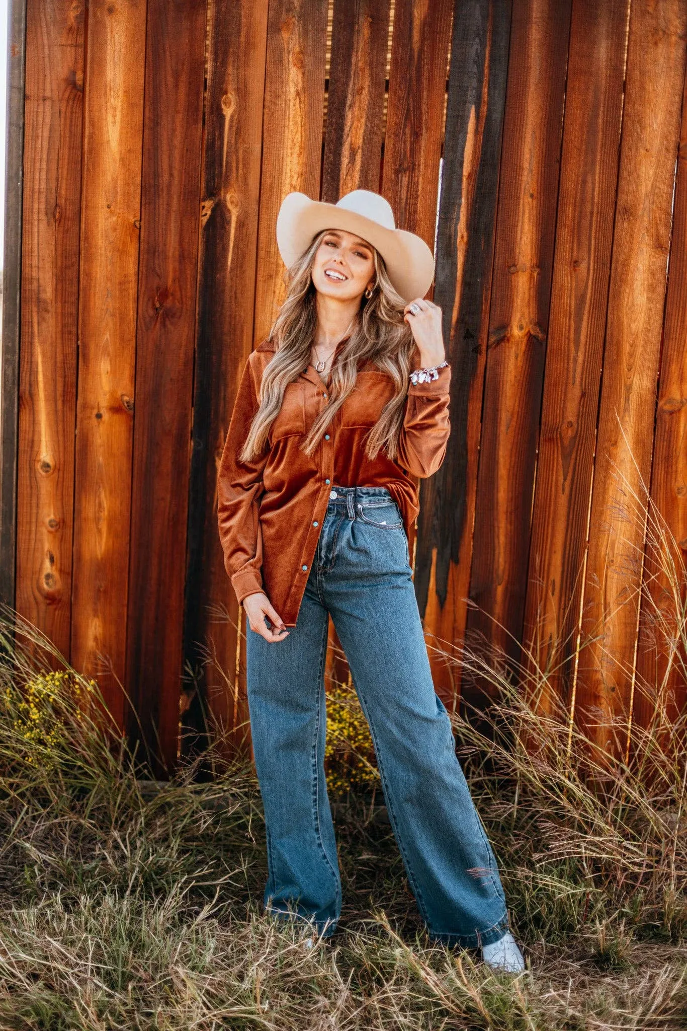 Rust velvet long sleeve top