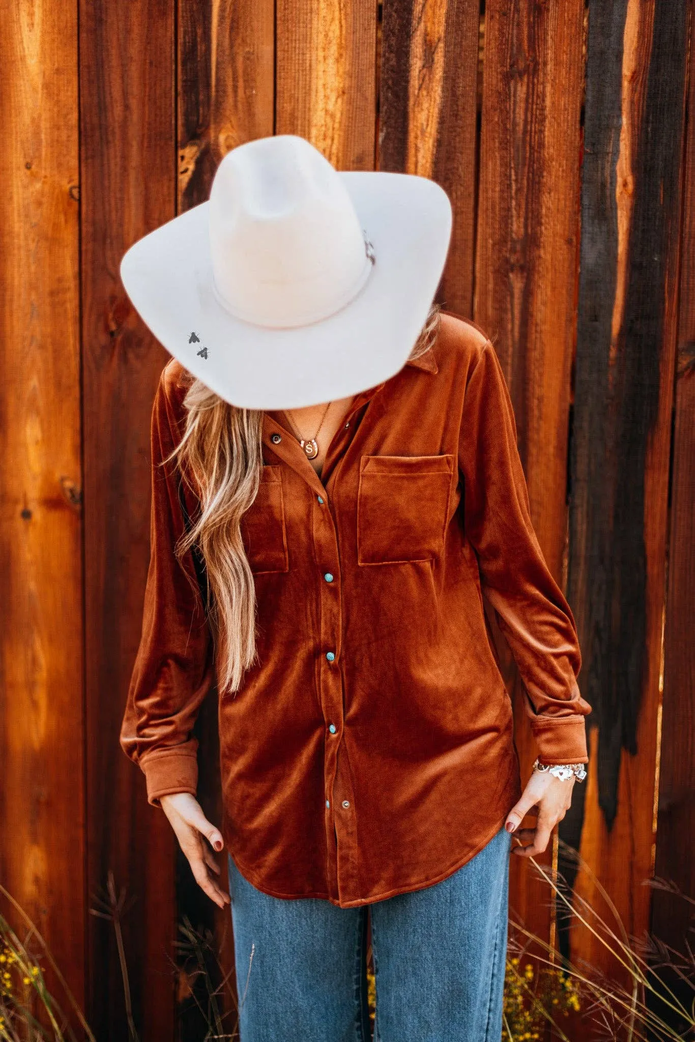 Rust velvet long sleeve top