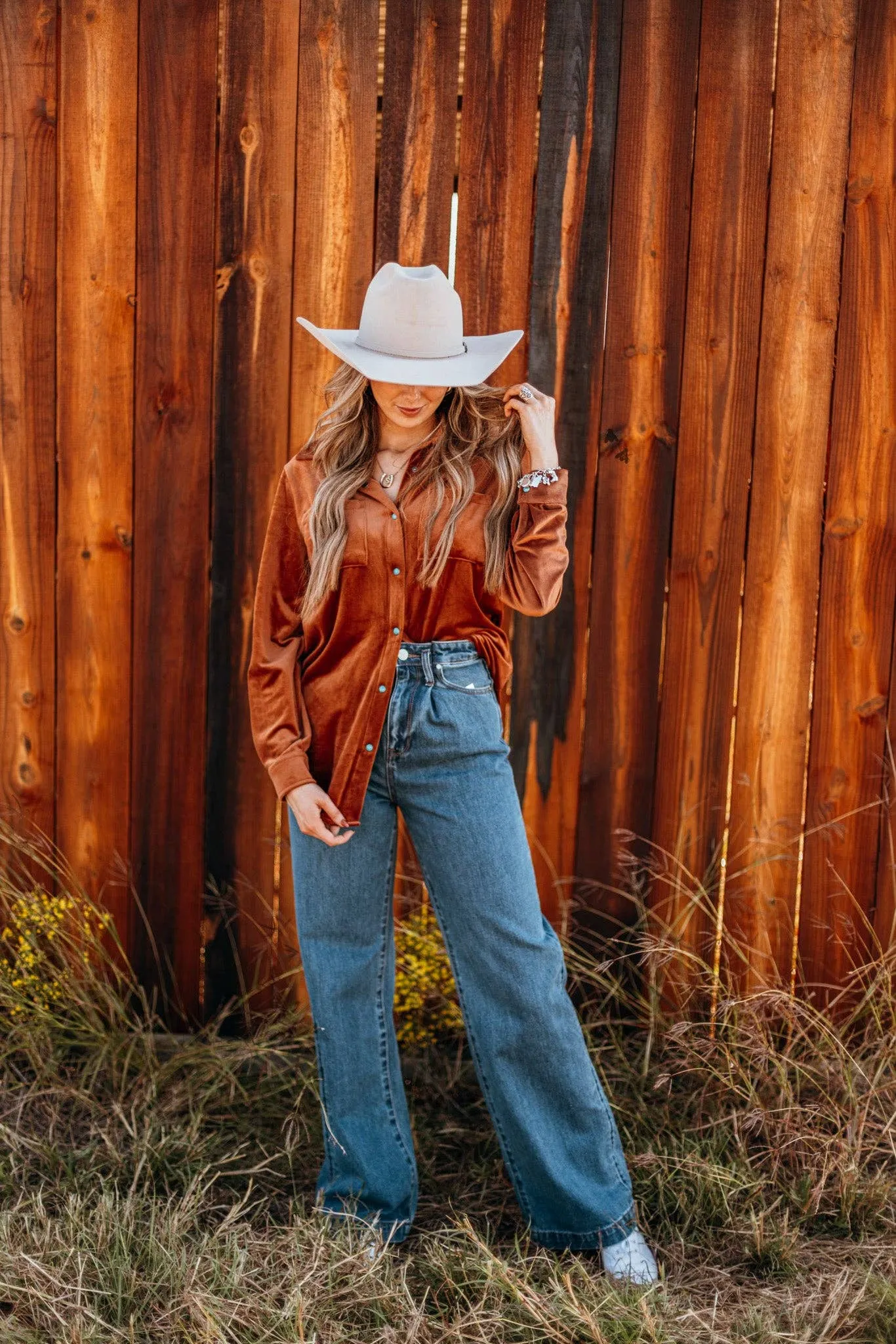 Rust velvet long sleeve top