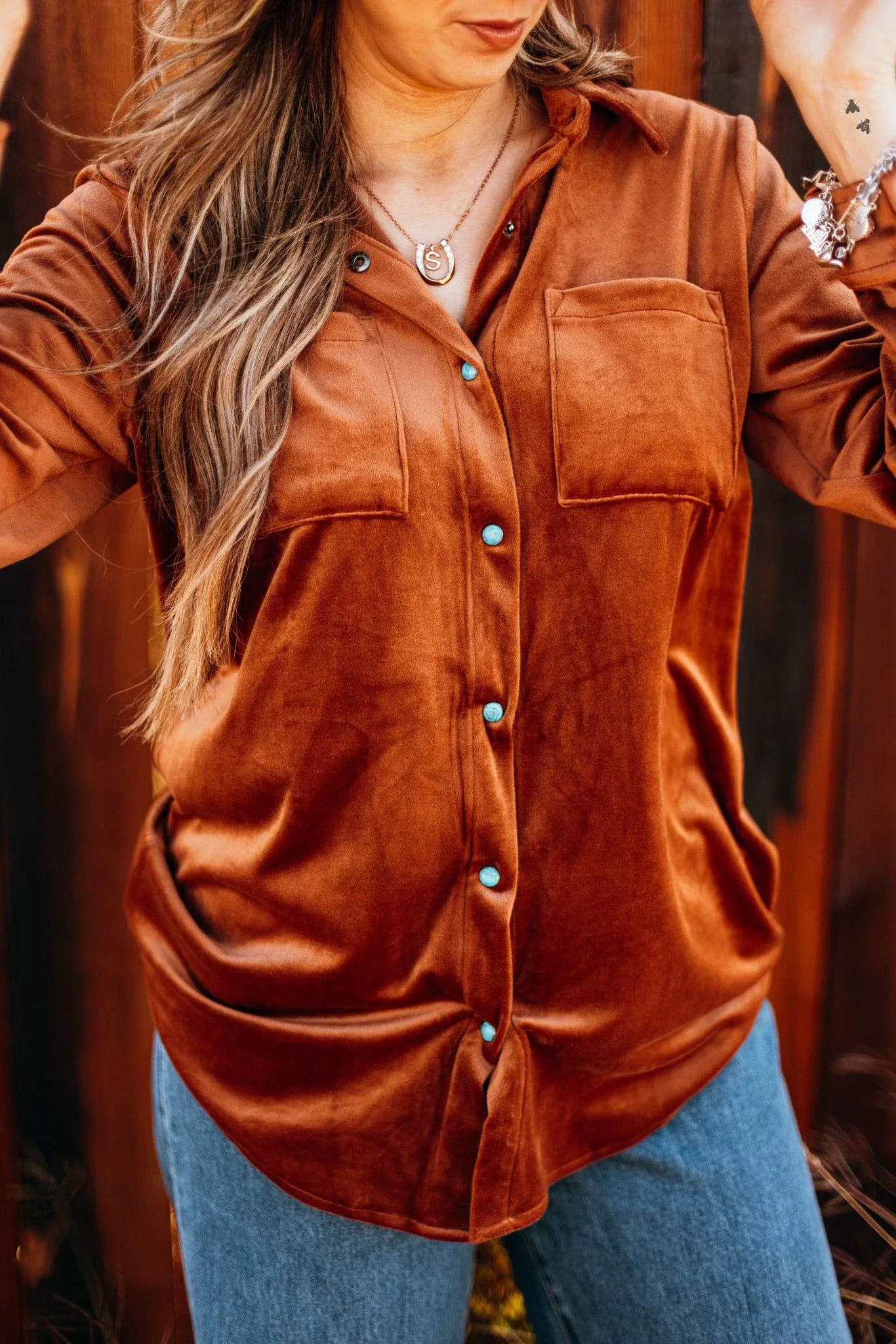 Rust velvet long sleeve top