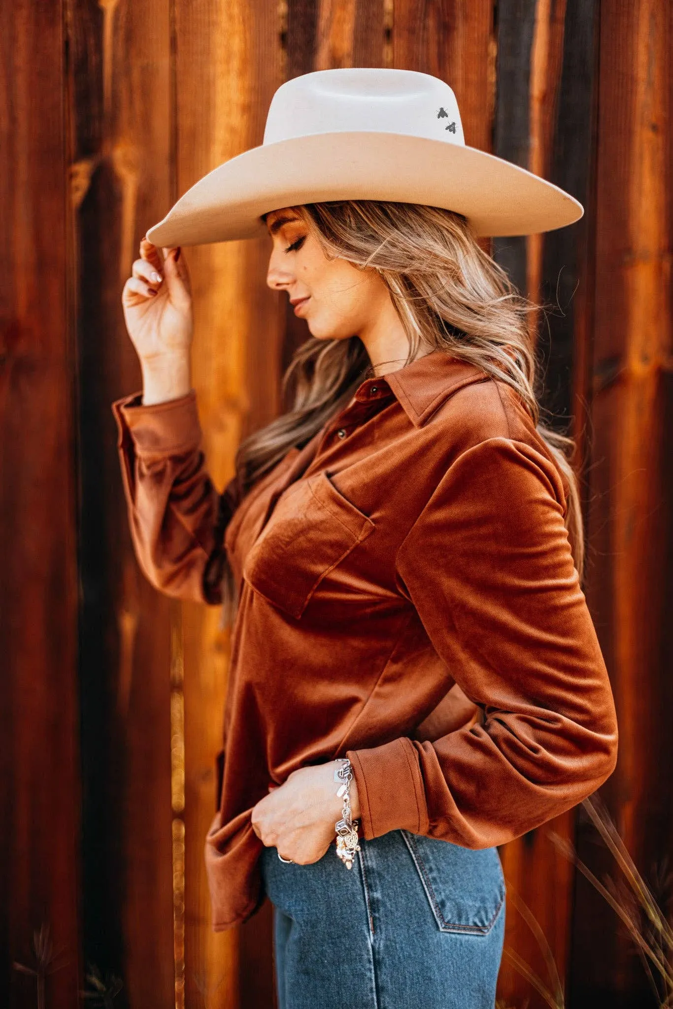 Rust velvet long sleeve top
