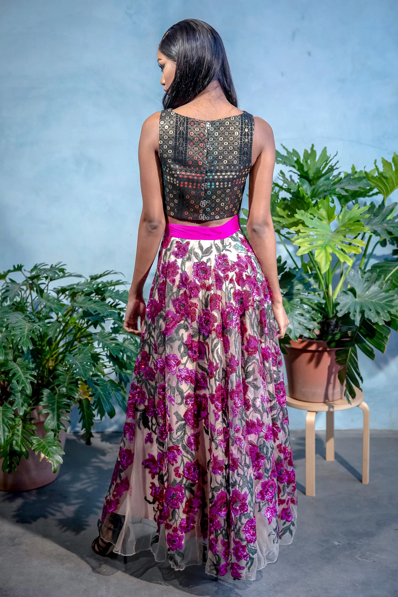 Sample // DIVYA Fuchsia Sequin Embroidered Skirt