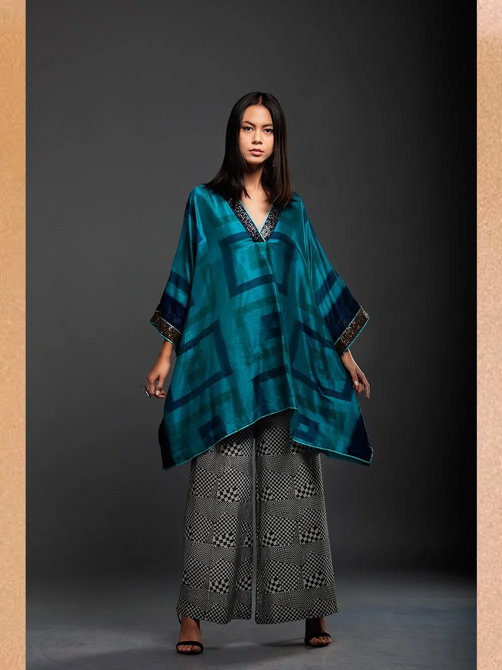 Sanskar by Sonam Dubal - Blue Silk Ikat Kaftan Top