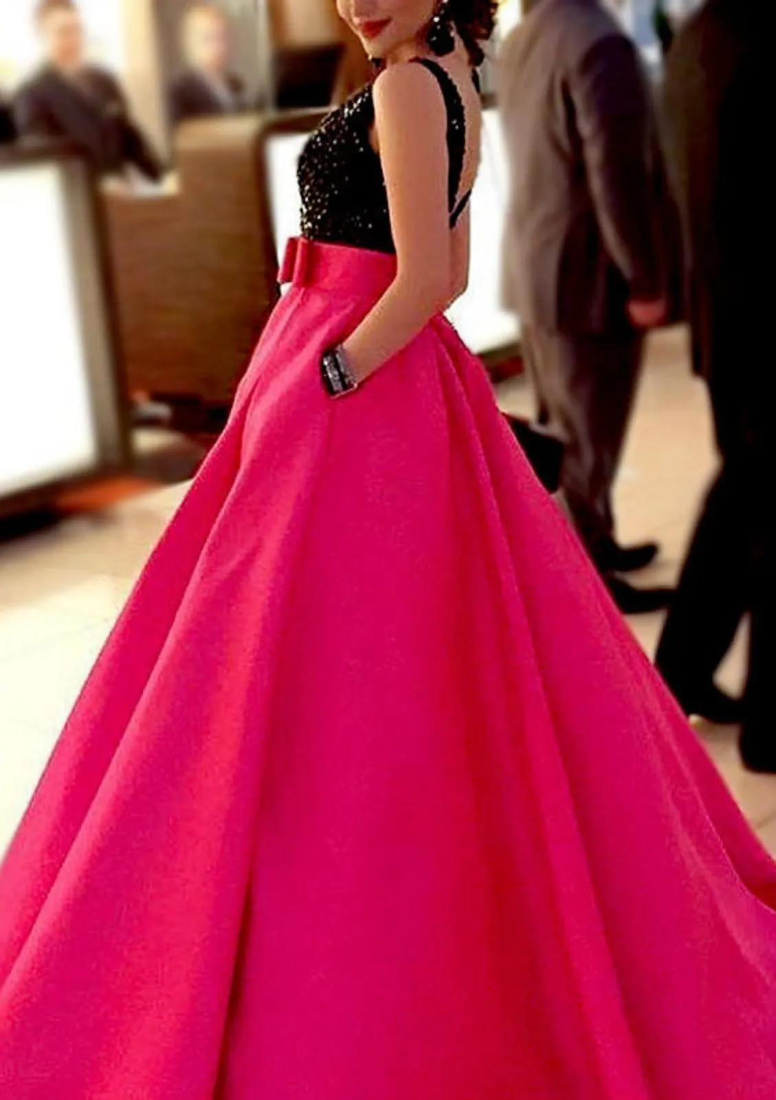 Satin A-Line/Princess Bateau V Back Floor-Length Party Prom Dress, Sequins Bowknot