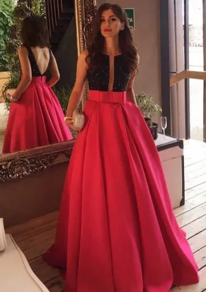 Satin A-Line/Princess Bateau V Back Floor-Length Party Prom Dress, Sequins Bowknot