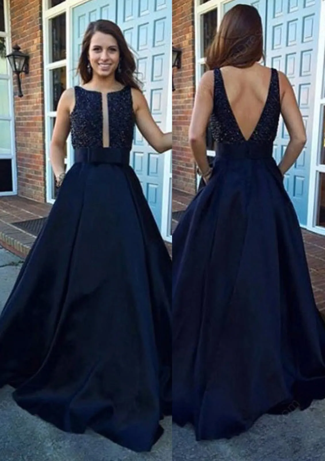 Satin A-Line/Princess Bateau V Back Floor-Length Party Prom Dress, Sequins Bowknot