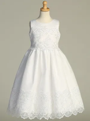 Satin First Communion Dress with Corded Embroidered Tulle and Sequins - SP210