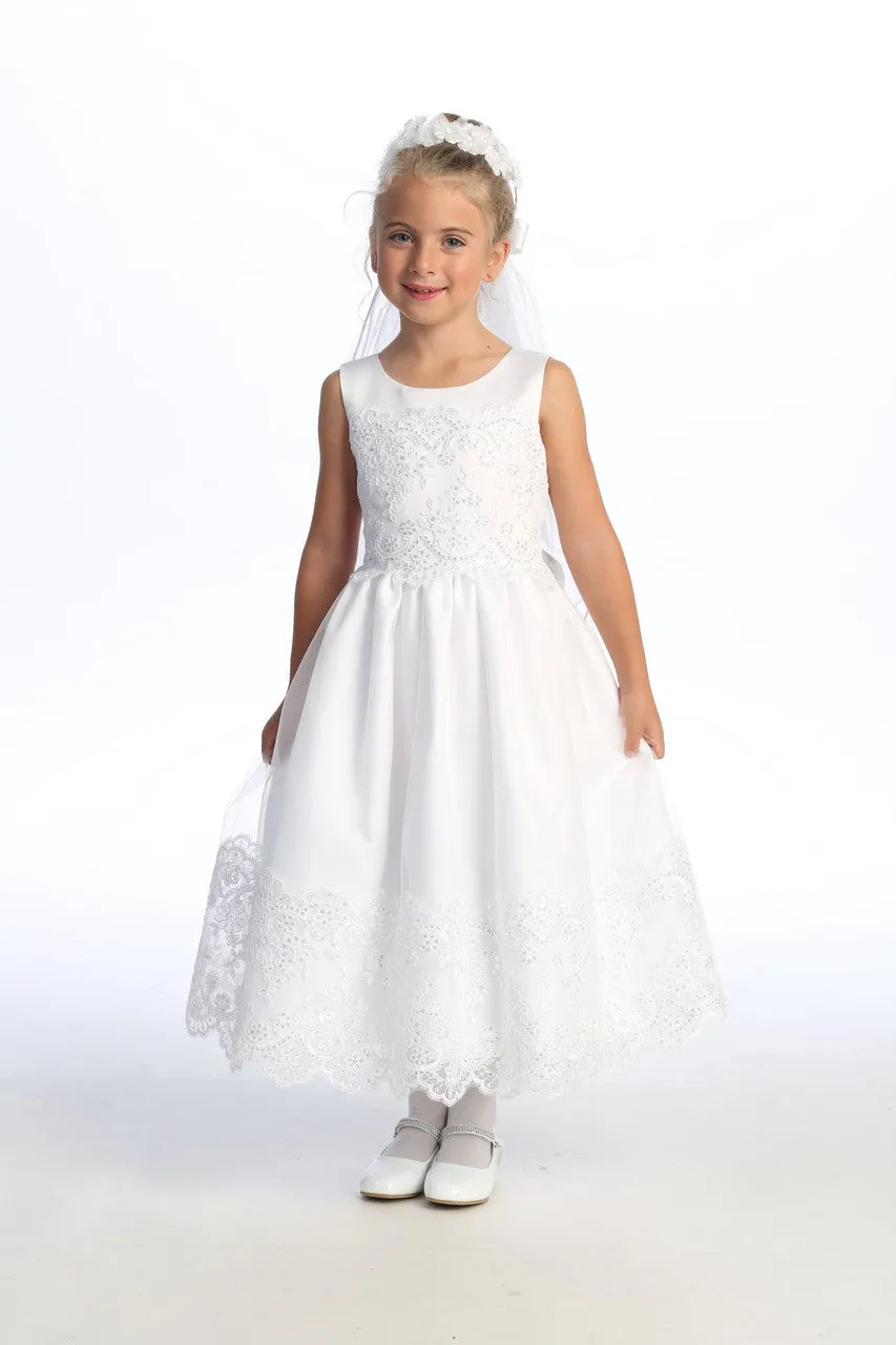 Satin First Communion Dress with Corded Embroidered Tulle and Sequins - SP210