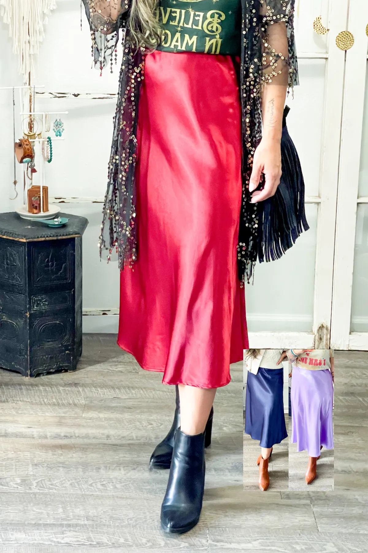 Satin Midi Flare Skirt
