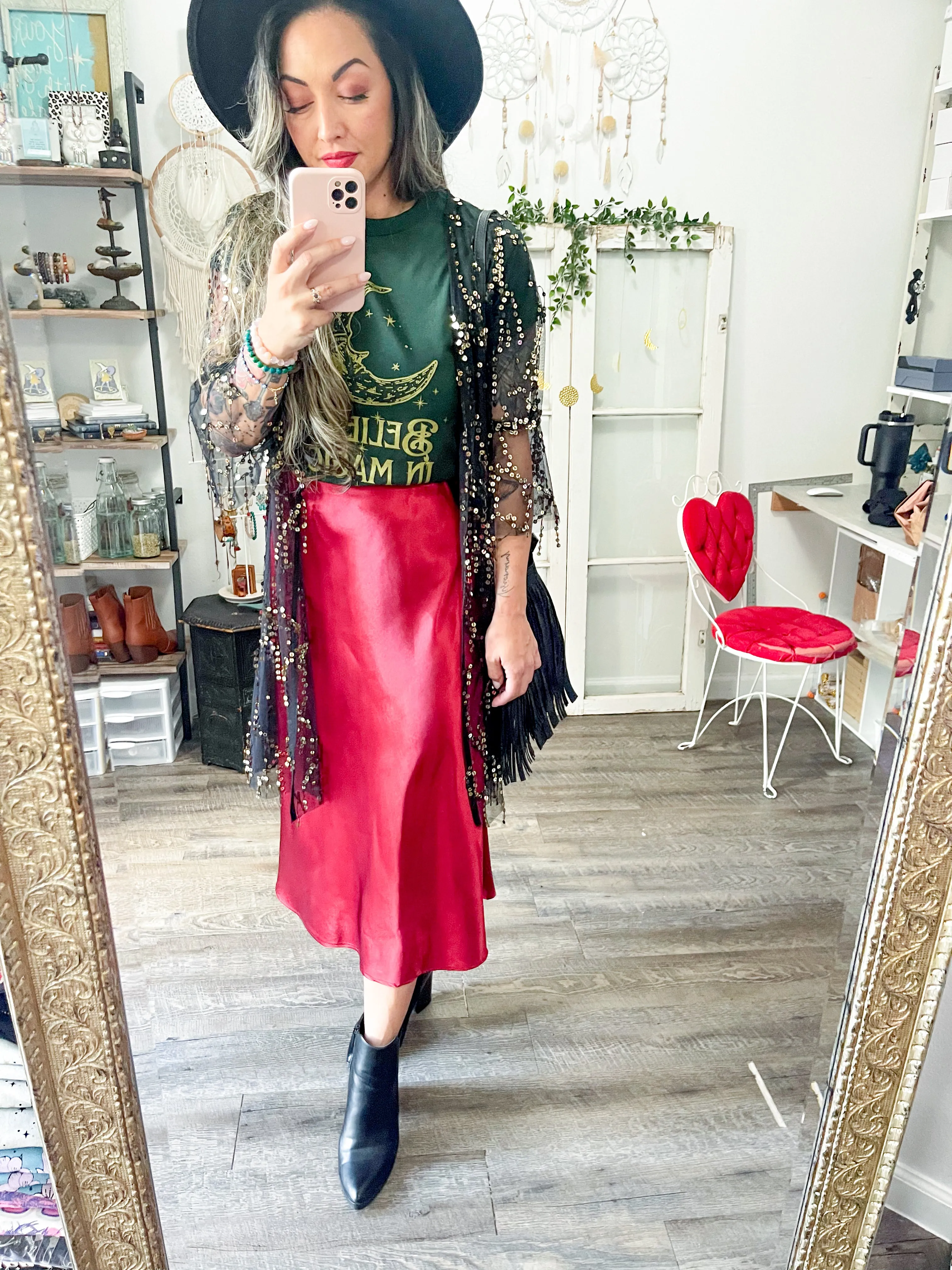 Satin Midi Flare Skirt