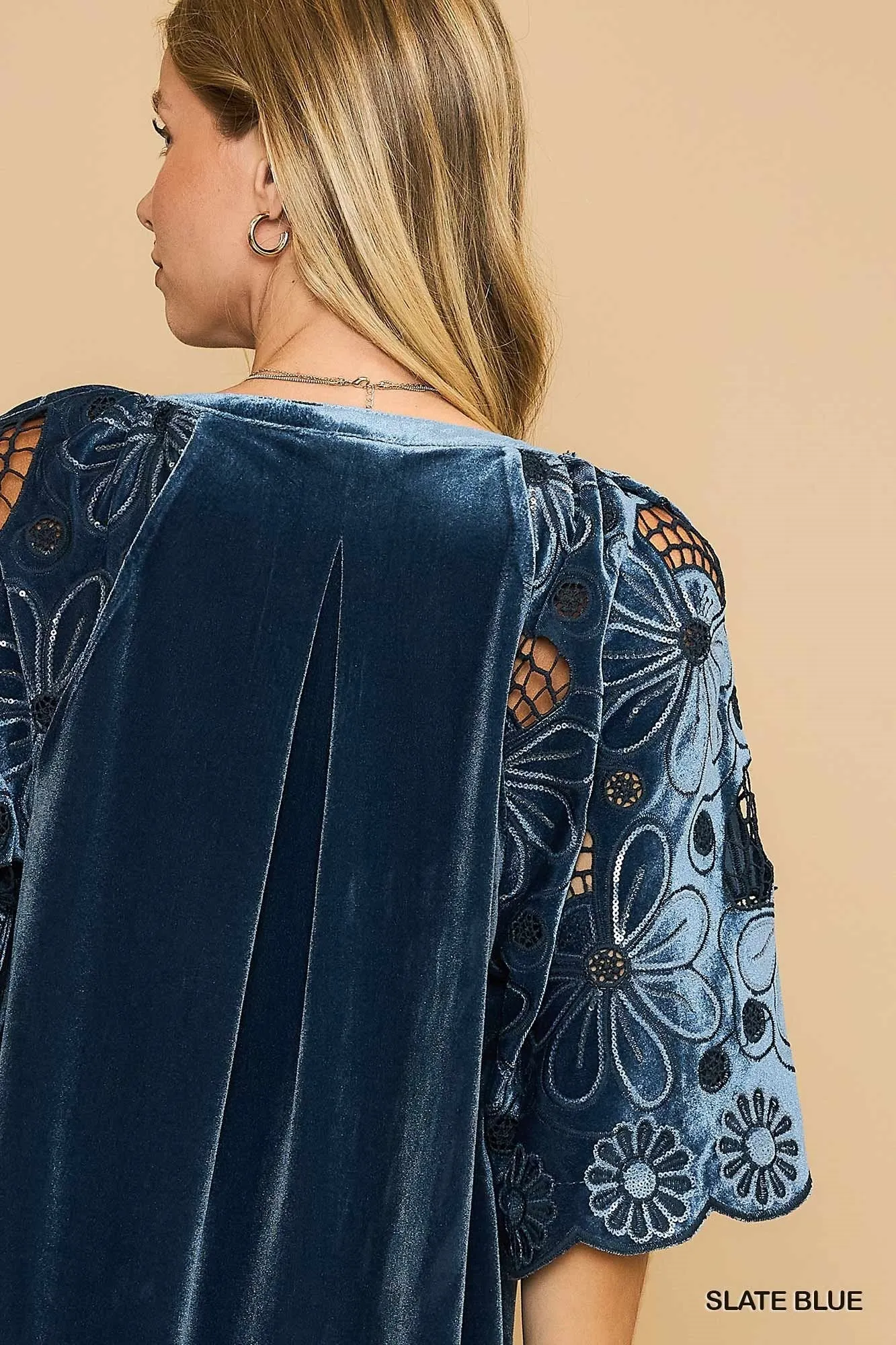 Schwartz Split Neck Velvet Top - Slate Blue
