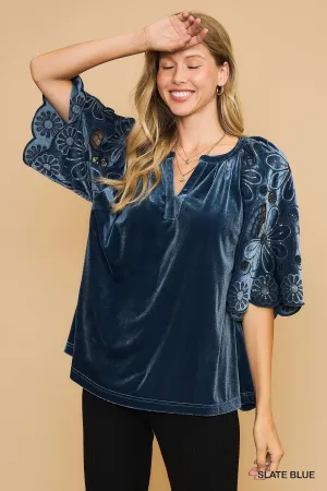 Schwartz Split Neck Velvet Top - Slate Blue