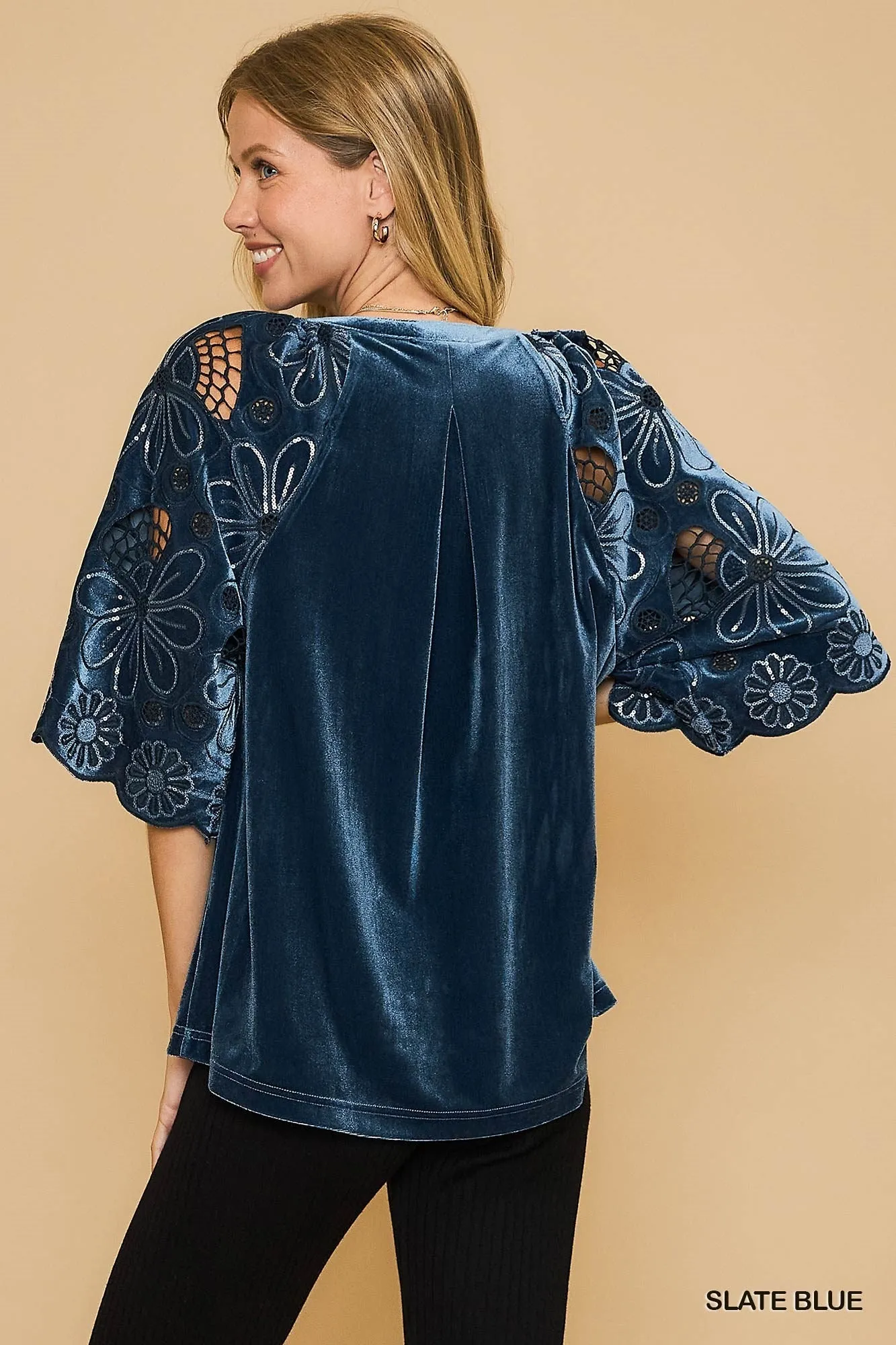 Schwartz Split Neck Velvet Top - Slate Blue