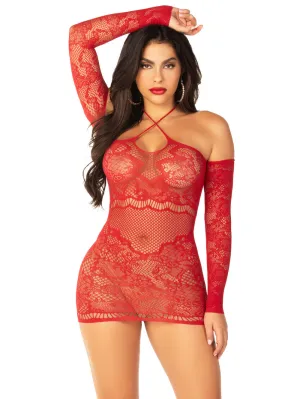 Seamless Lace and Net Off the Shoulder Mini Dress Red
