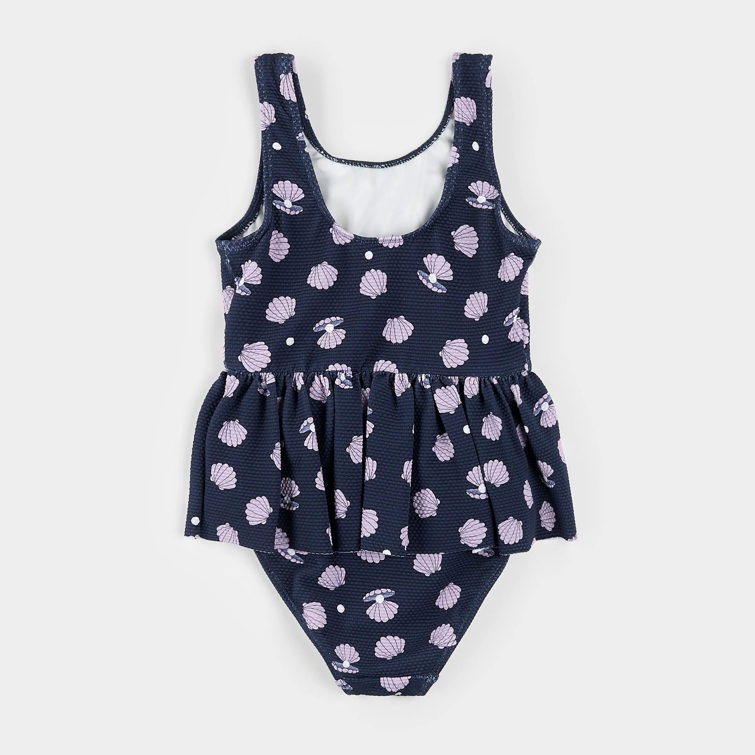 Seashell Pearl Print on Dress Blues Skirted Swimsuit