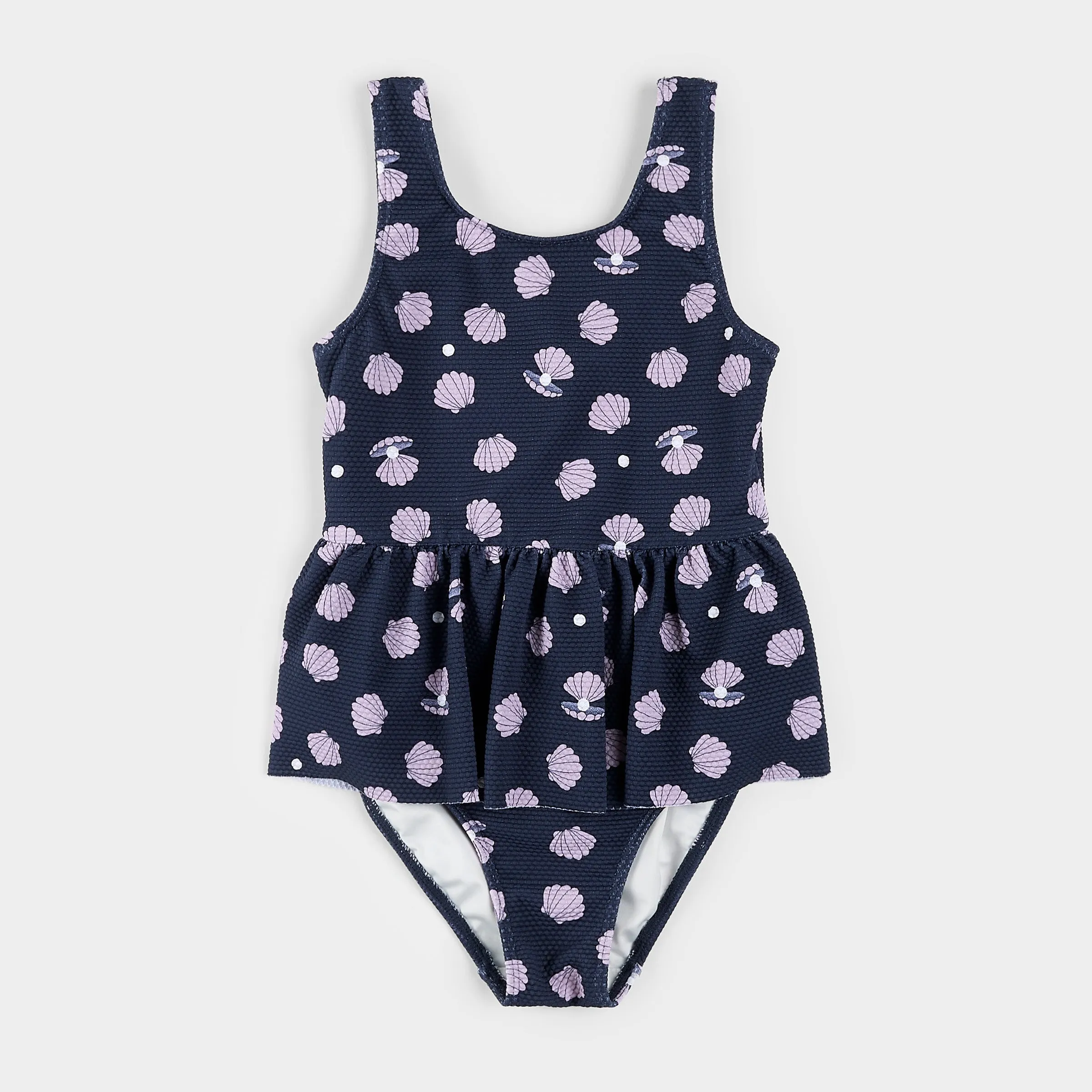 Seashell Pearl Print on Dress Blues Skirted Swimsuit
