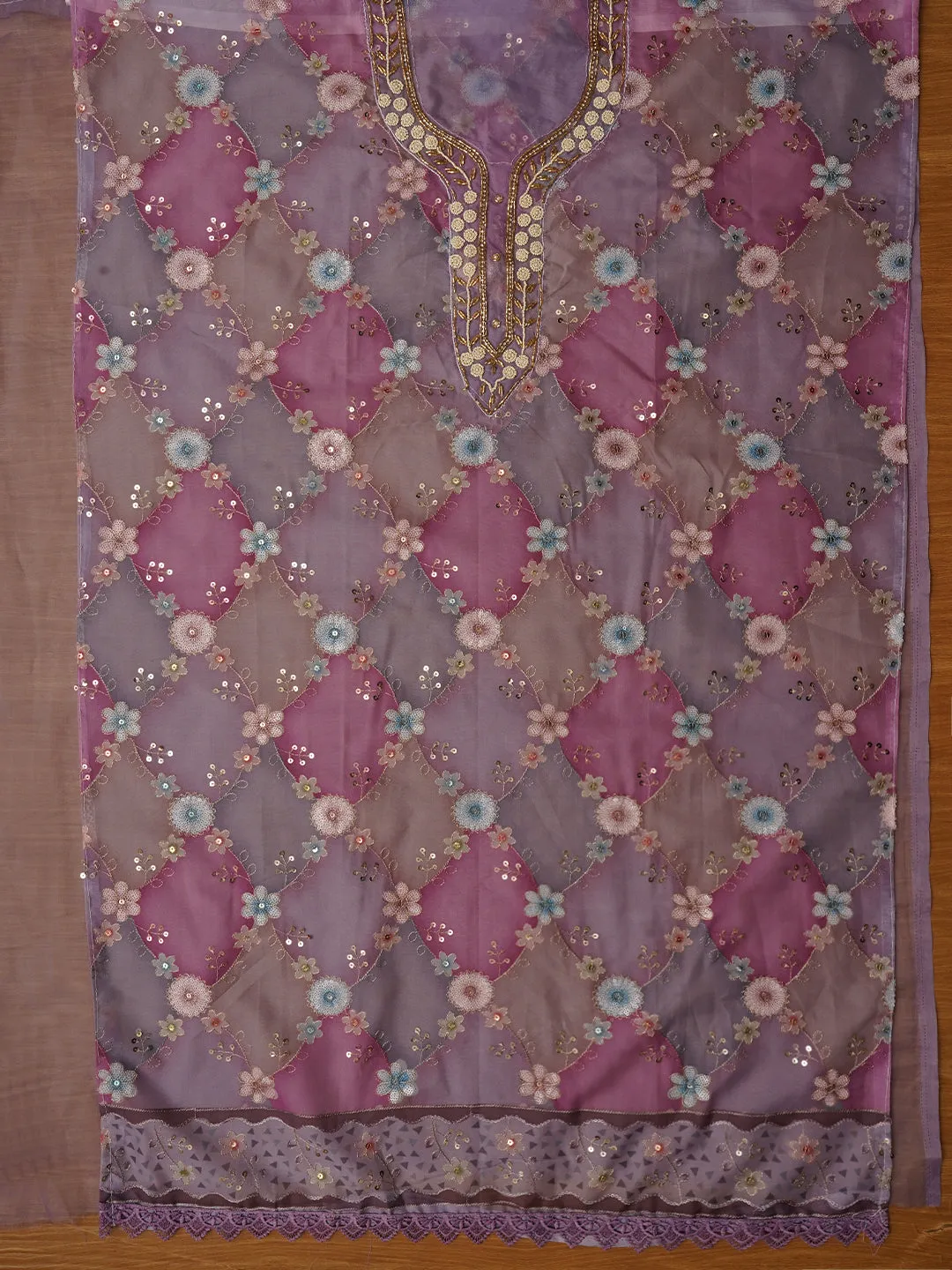 Sequin Embellished Organza Pink Dress Material with Dupatta