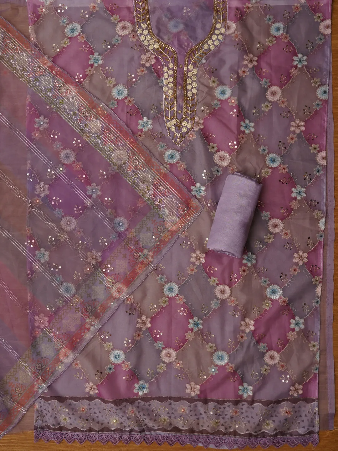 Sequin Embellished Organza Pink Dress Material with Dupatta