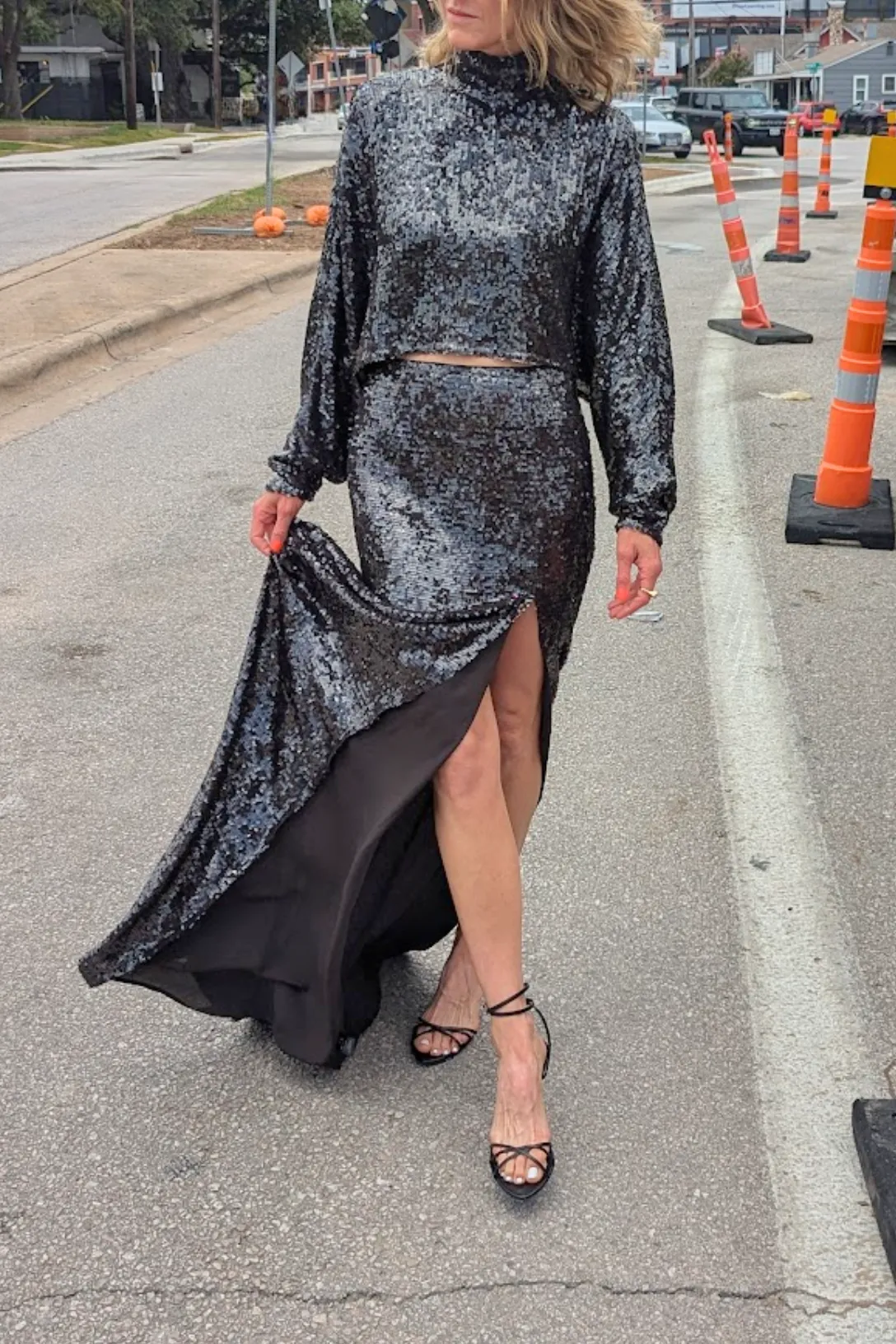 Sequin High Waist Slit Maxi Skirt | Cacao