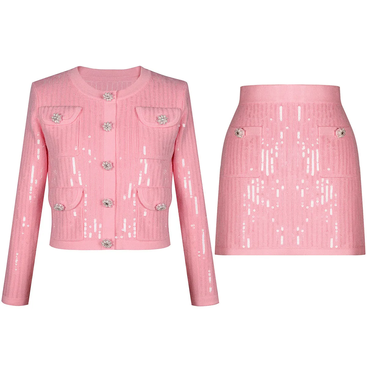 Sequin Knit Cardigan and Matching Mini Skirt Set