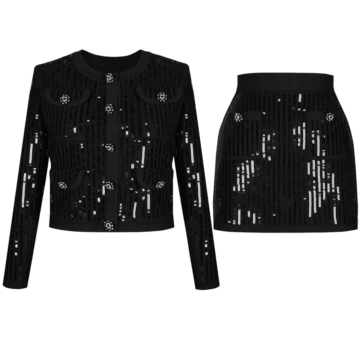 Sequin Knit Cardigan and Matching Mini Skirt Set