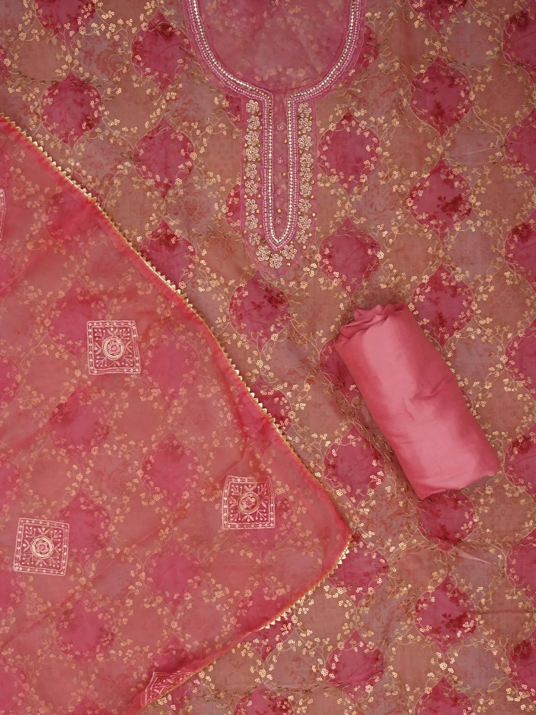 Sequin Multicolor Embellished Organza Dress Material with Dupatta