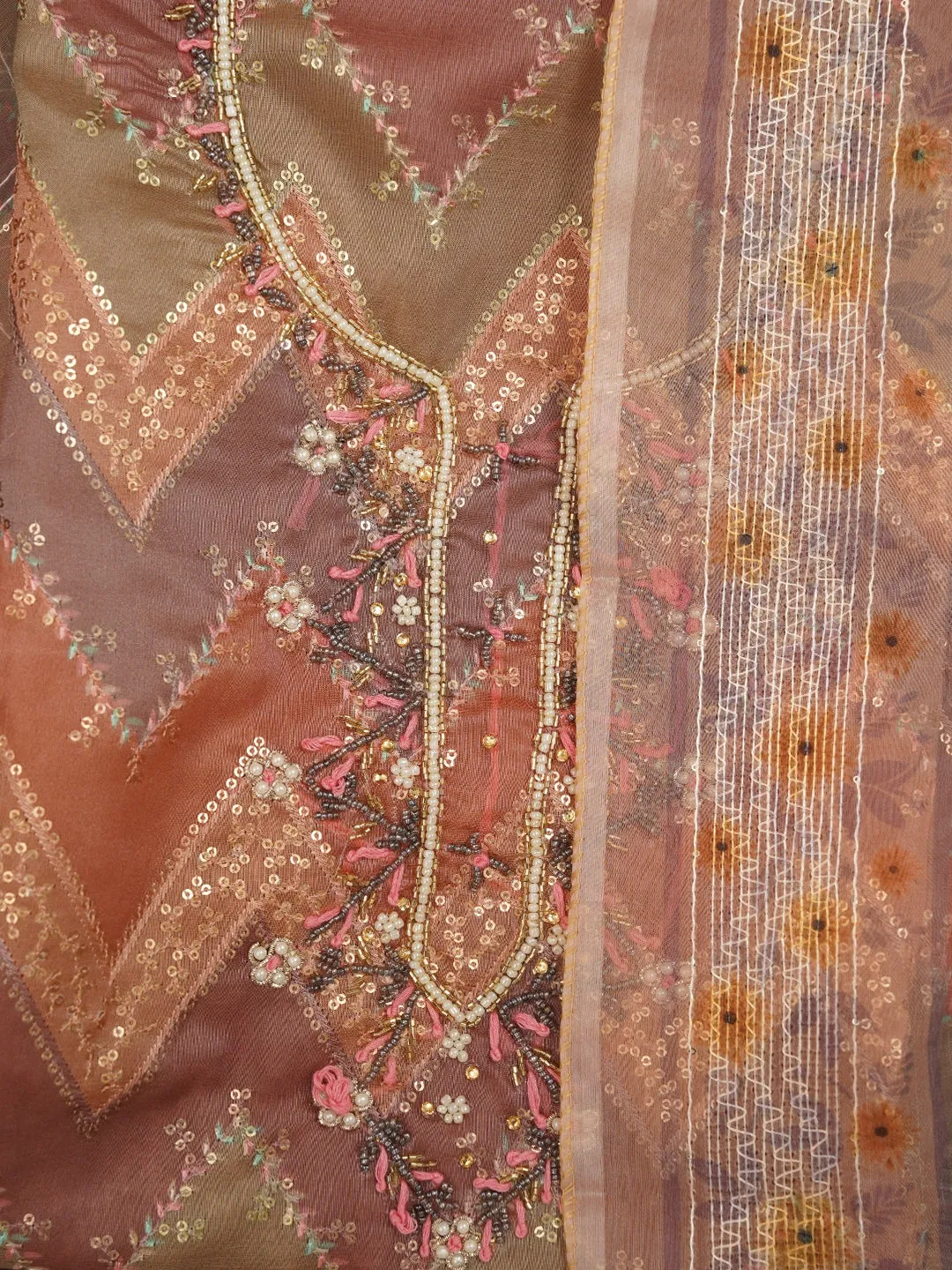 Sequin Multicolor Embroidered Organza Dress Material with Dupatta