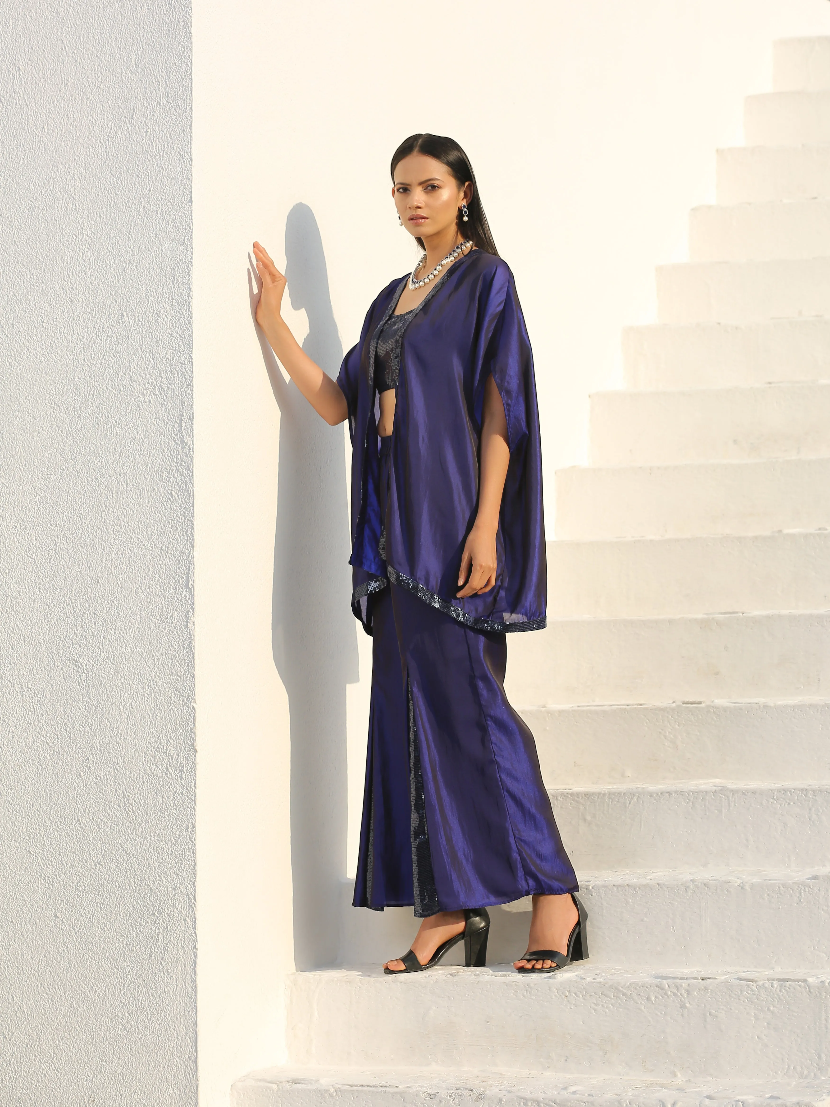 SET - Midnight & Bewildering Blue Sequin Godet Pant Style with cape   Blouse