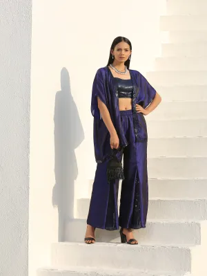 SET - Midnight & Bewildering Blue Sequin Godet Pant Style with cape   Blouse