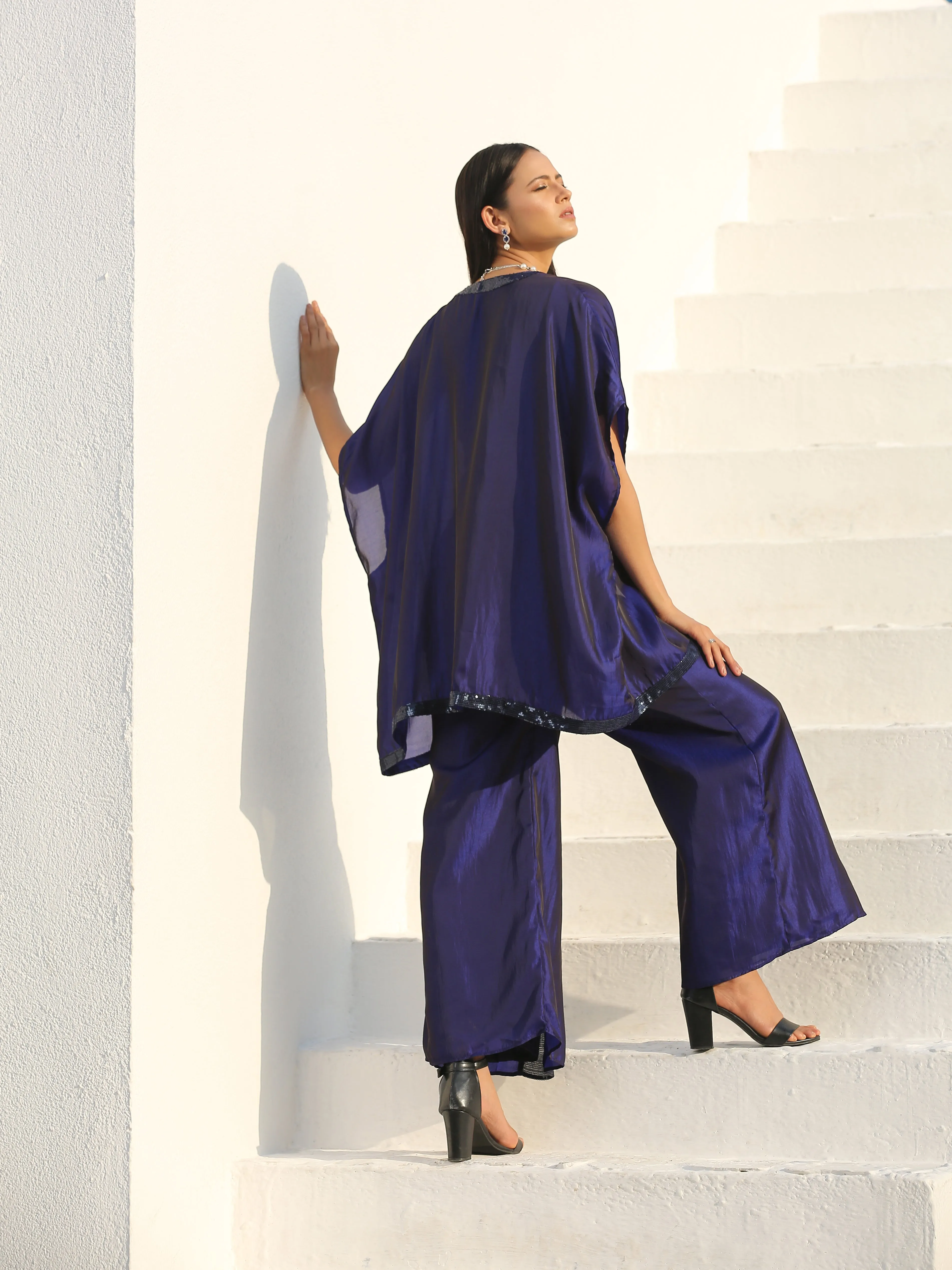 SET - Midnight & Bewildering Blue Sequin Godet Pant Style with cape   Blouse