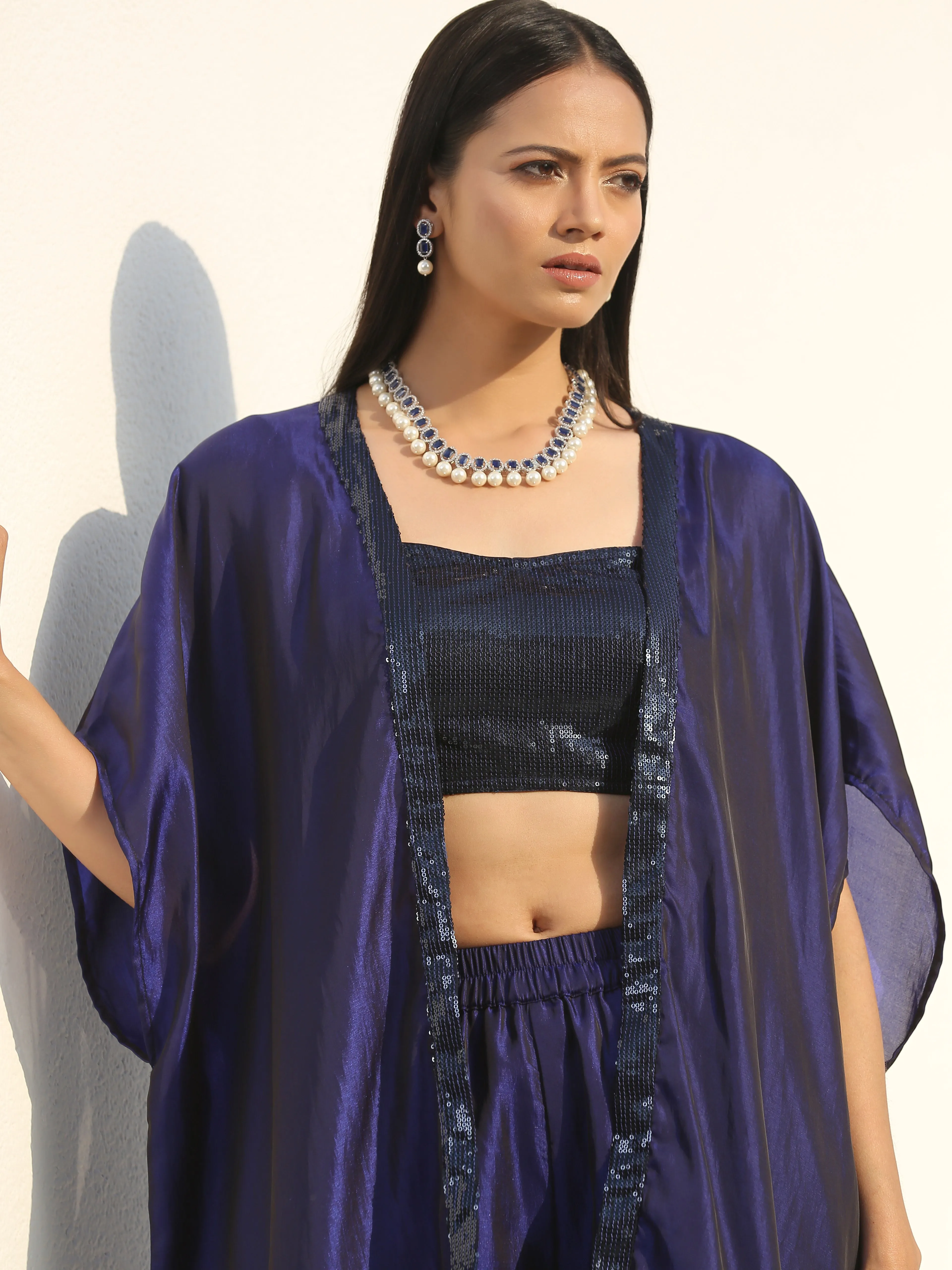 SET - Midnight & Bewildering Blue Sequin Godet Pant Style with cape   Blouse