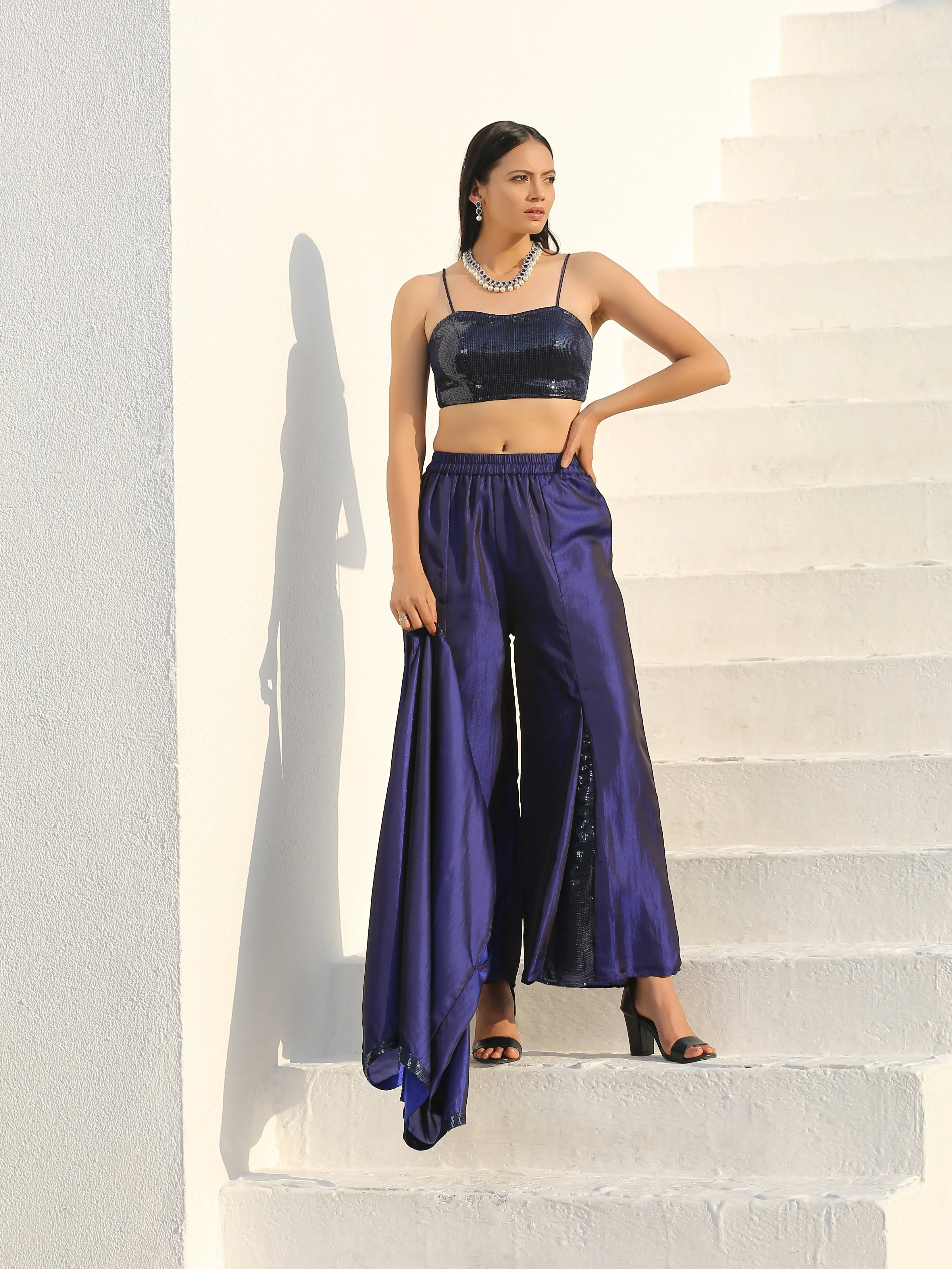 SET - Midnight & Bewildering Blue Sequin Godet Pant Style with cape   Blouse