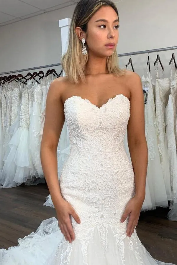 Sexy Lace Mermaid Sweetheart Wedding Dress With Ruffles, Bridal Gown, MW748
