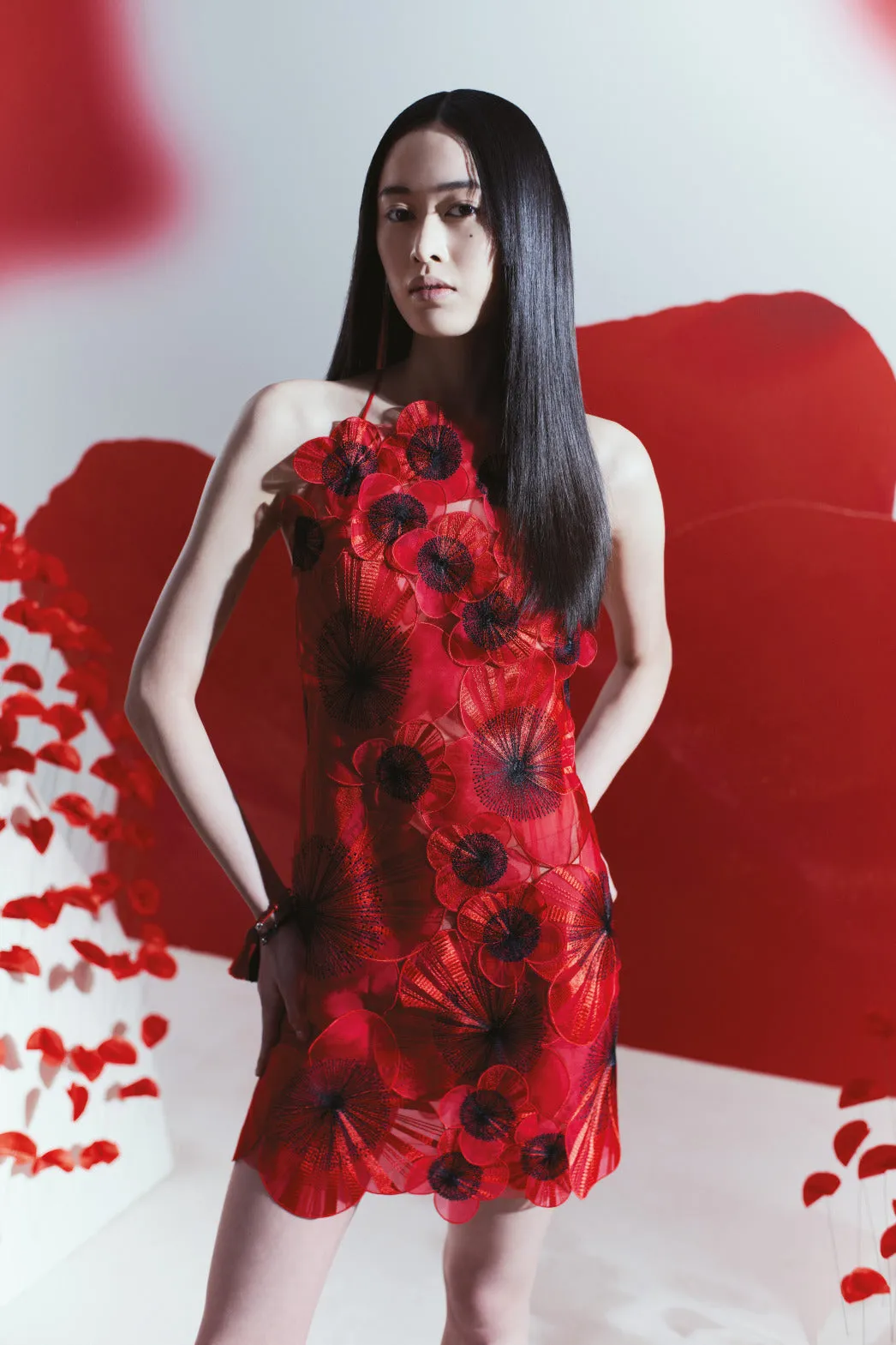 Short Open Back Dress with Poppy Embroidery