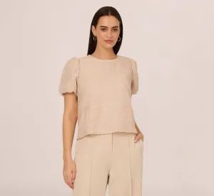 Short Sleeve Embroidered Bubble Top In Light Apricot