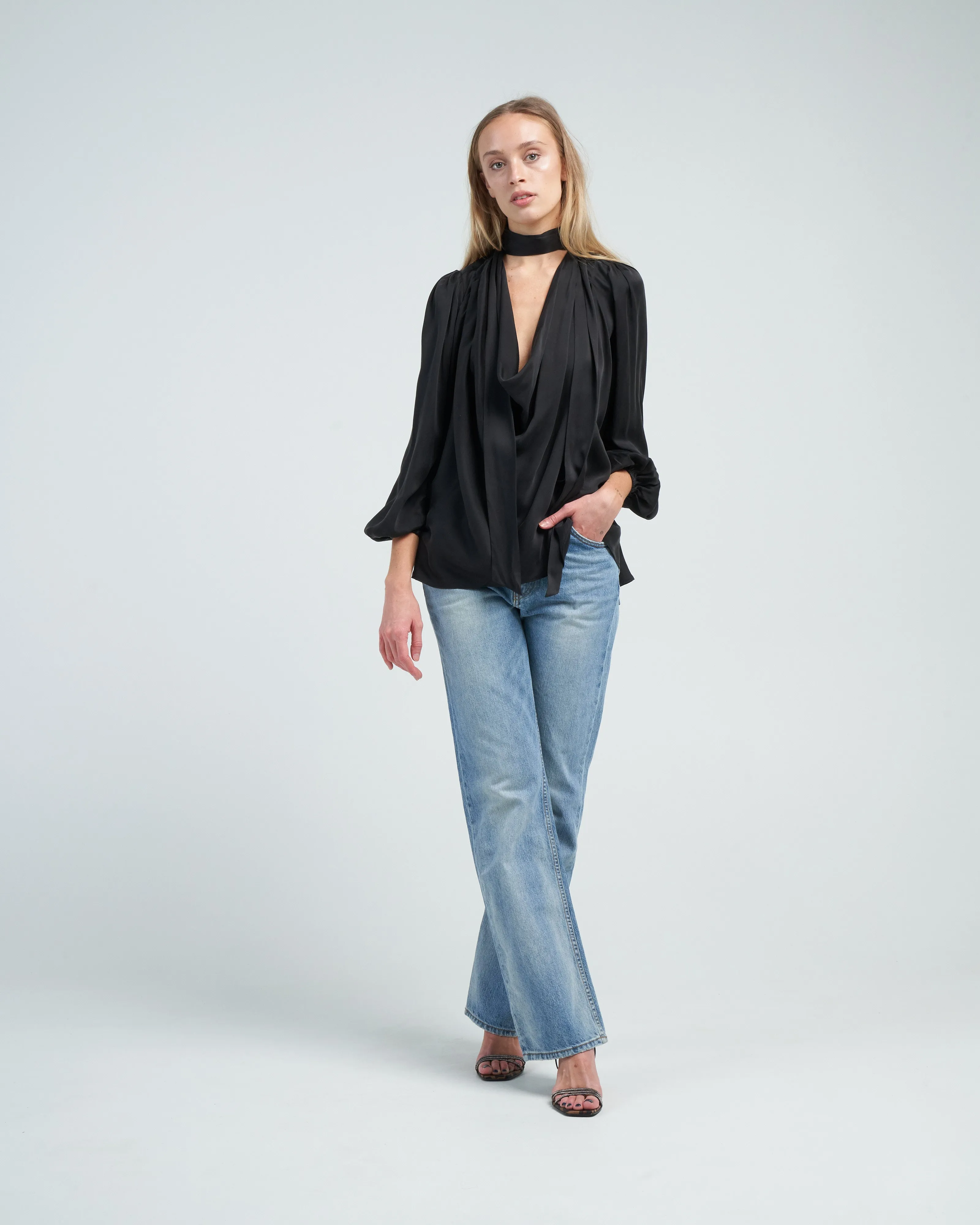 silk billow blouse - black