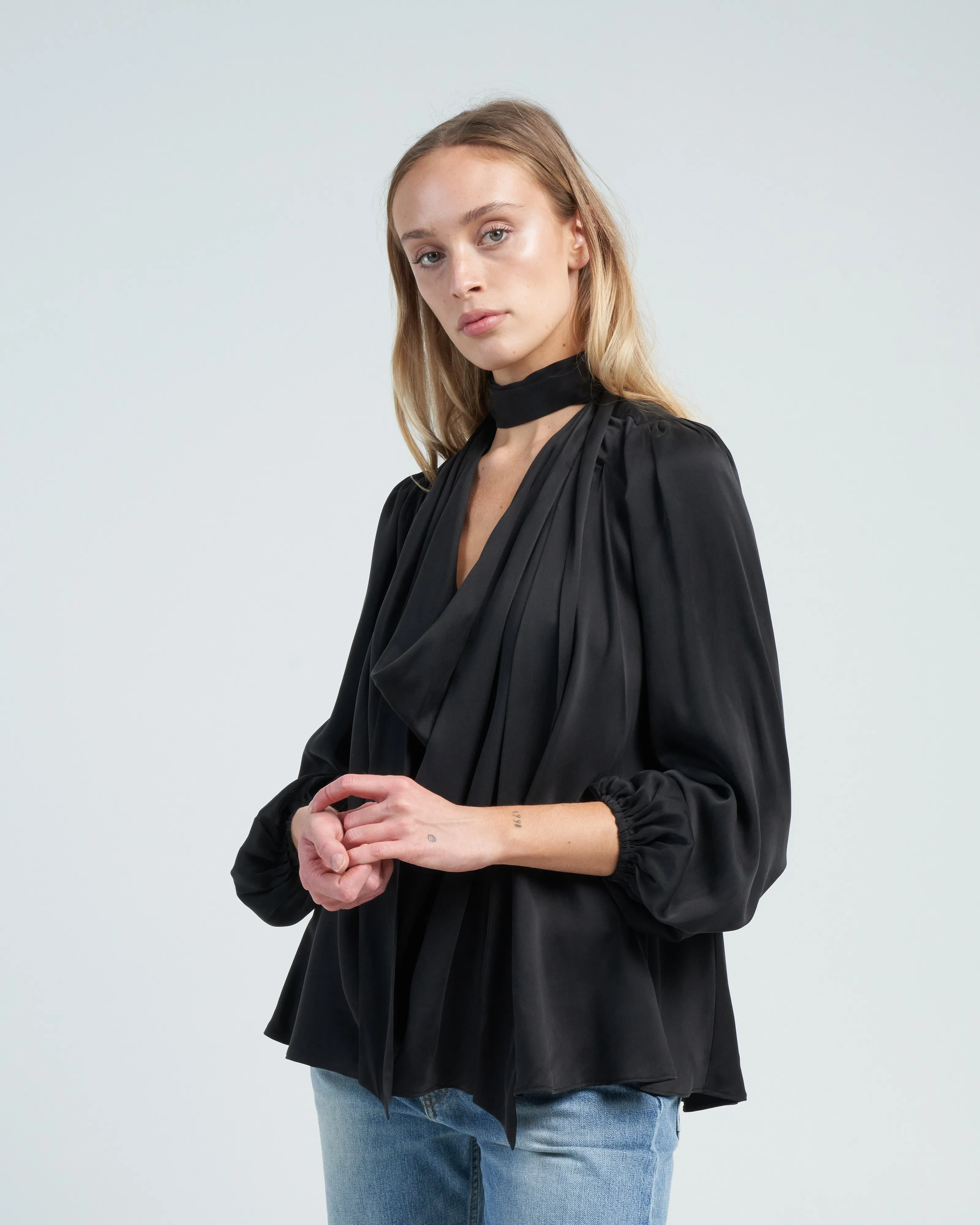 silk billow blouse - black