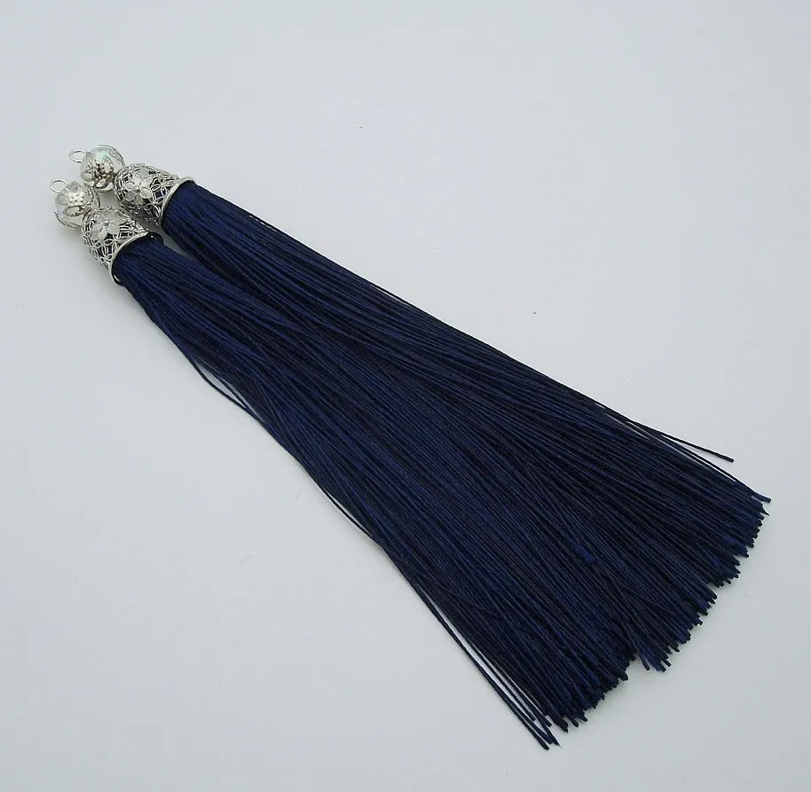 Silk Tassels Rhodium Plated Brass Bail Top with Beads