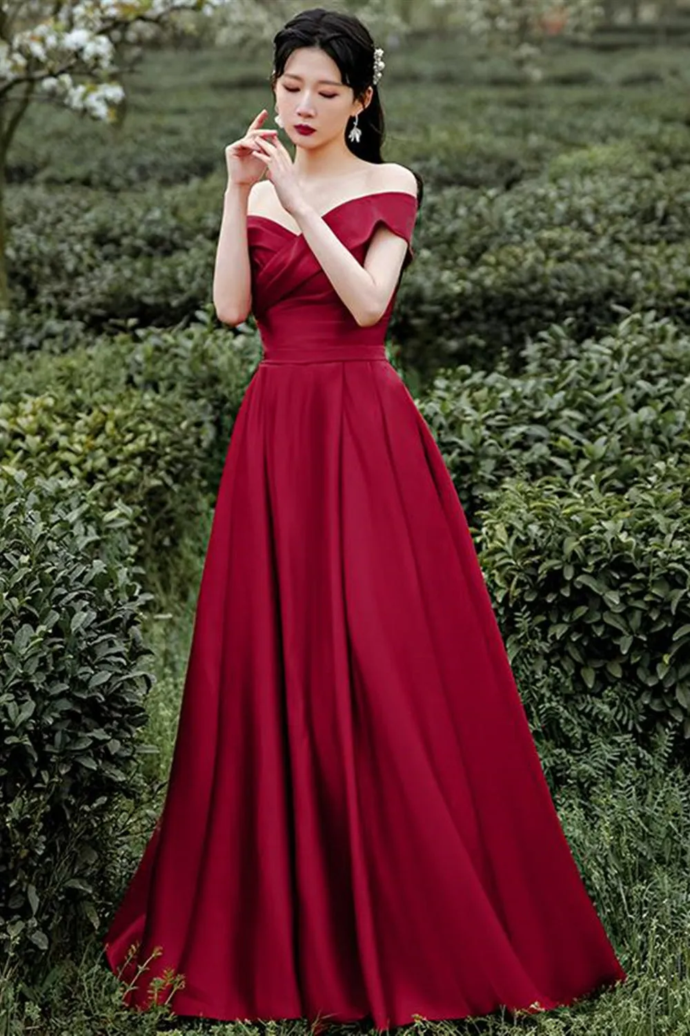 Simple Off Shoulder Burgundy Long Prom Dress, Off the Shoulder Maroon Formal Dress, Burgundy Evening Dress