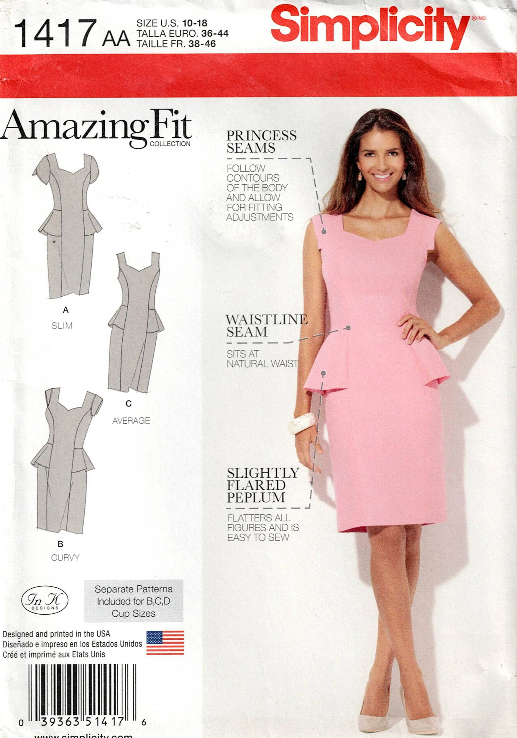 Simplicity 1417 AMAZING FIT Womens Fitted Princess Peplum Dress Out Of Print Sewing Pattern Size 10 - 18 UNCUT Factory Folded