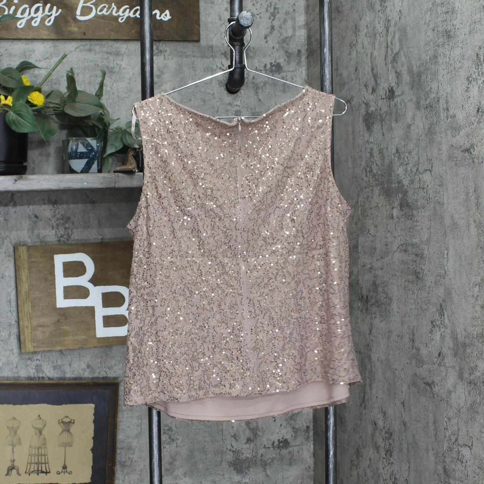 SLNY Womens Sequin Shirt with Woven Pants 166f38ca3194fd Beige Brown 16W
