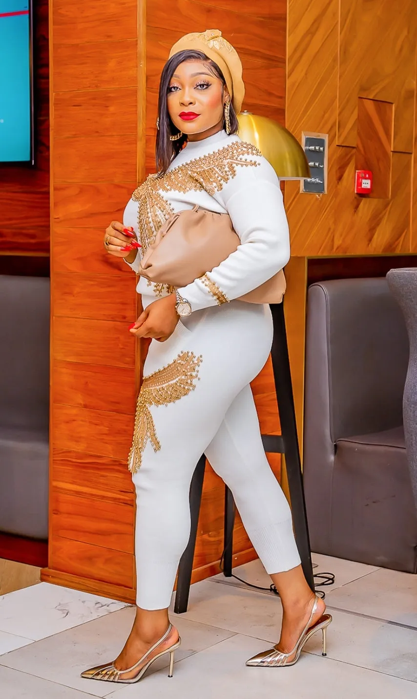 Soaring Gold Beauty- 2 pcs Embellished Sweater Tracksuit Set (NEW)
