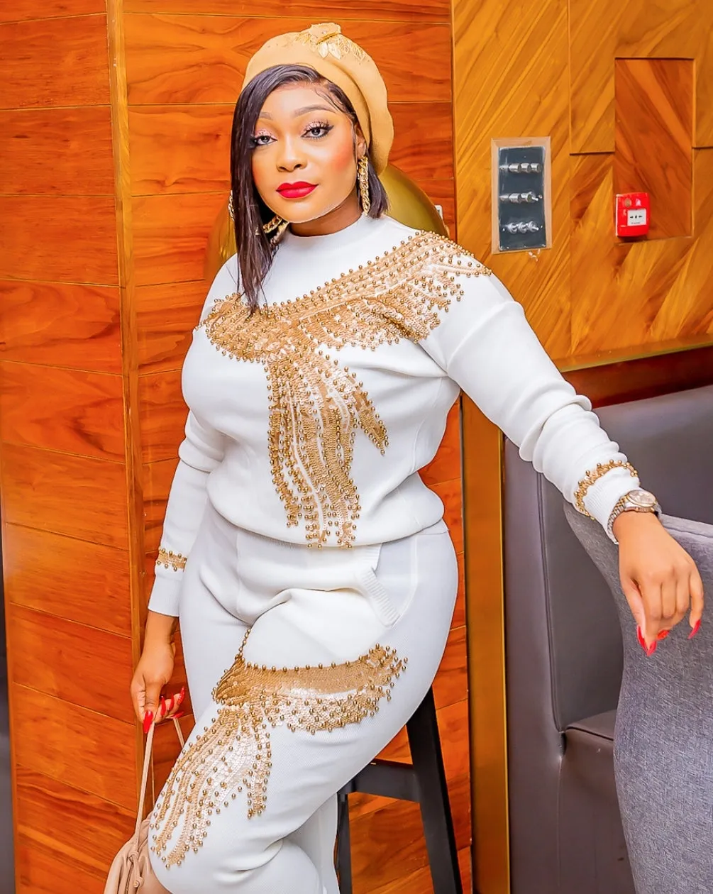 Soaring Gold Beauty- 2 pcs Embellished Sweater Tracksuit Set (NEW)