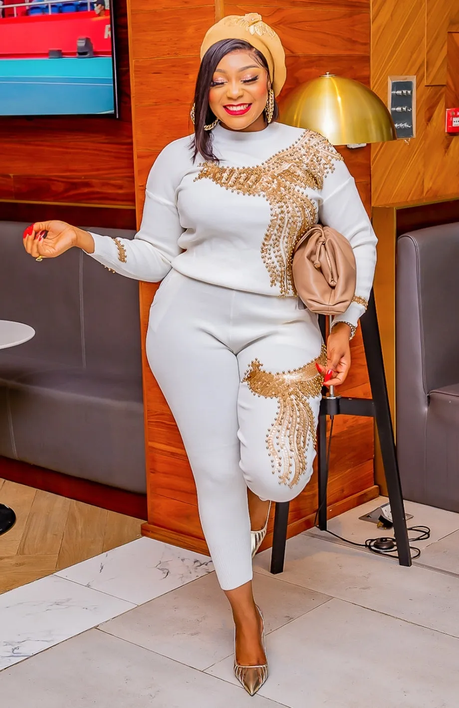 Soaring Gold Beauty- 2 pcs Embellished Sweater Tracksuit Set (NEW)