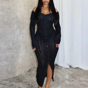 Solid Off Shoulder Button Down Textured Dress